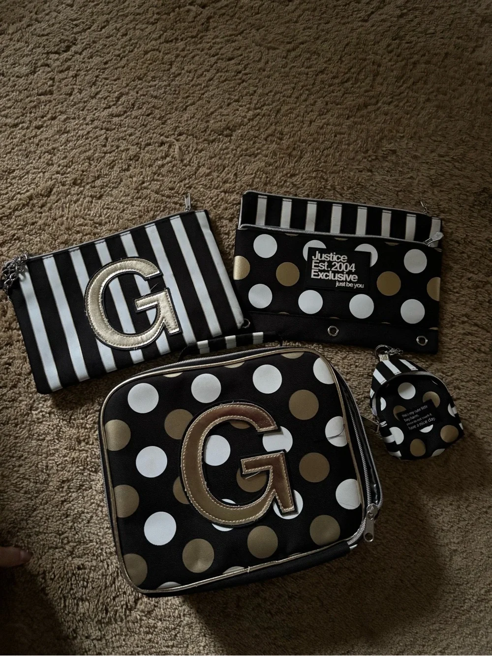 Justice Black & Gold Polka Dot Backpack - 'G' Monogram